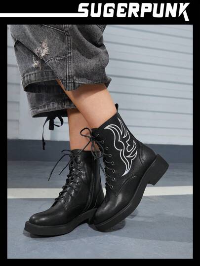 Sugerpunk Botas cortas de moda, cómodas para diario y fiestas, con suela gruesa, cuña, puntera redonda, estampado floral blanco, tela de PU negra, con cremallera lateral y cordones, para mujer, para otoño