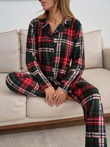 RueChic 2pcs Suede Plaid Buttın Front Homewear Set - Multicolor - View 1