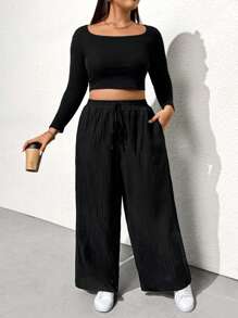 SHEIN Essnce Pantalones anchos de vestir de tela sólida negra elegantes, de moda casual para uso diario, de talla grande para mujeres, pantalones de vestir, pantalones holgados, pantalones cargo para mujer, pantalones holgados de mujer, pantalones de vestir de mujer de otoño