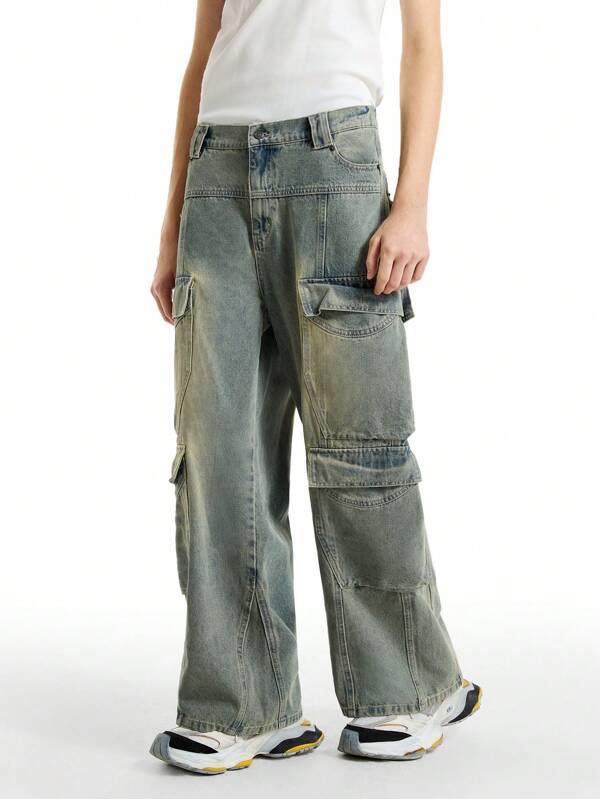 NEON BLANC Men's Loose Pocket Streetwear Long Denim Jeans