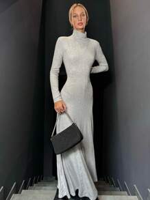 SHEIN EZwear 1pc Women Solid Color Long Sleeve Simple High Neck Long Dress, Casual For Daily Wear - Grey - View 3