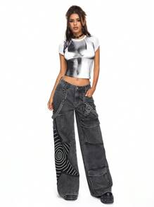ROMWE Grunge Punk Women Loose Cargo Boy Friend Jeans With Distressed Star Patch, Punk Apocalyptic Style