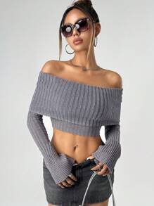 SHEIN ICON 1pc Women Fall Sweaters One-Shoulder Long Sleeve Cropped Slim-Fit Sweater, Solid Color, Autumn