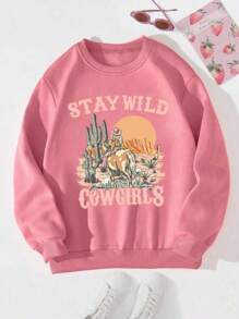 SHEIN Tween Girl Desert 数码印花圆领运动衫，时尚街头风格，适合春秋季节 - 粉色 - 查看 1