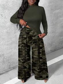 Slaydiva Bộ 2 áo thun cổ tròn tay dài ôm vừa vặn và quần ống rộng cạp cao họa tiết rằn ri cỡ lớn, mùa thu/đông - Nhiều màu - Xem 3