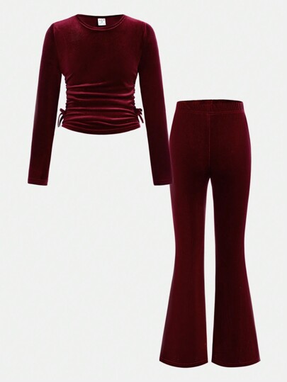 SHEIN Dziewczęcy, swobodny, aksamitny, świąteczny, czerwony, okrągły dekolt, marszczona, dzianinowa bluzka z długim rękawem i rozszerzanymi nogawkami, zestaw spodni, odpowiedni zarówno do wewnątrz, jak i na zewnątrz
