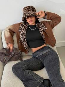 Veste en jean courte style décontracté de rue pour femme, avec col en léopard, fermeture éclair devant. Avec doublure thermique épaisse en denim - Tabac - Voir 1