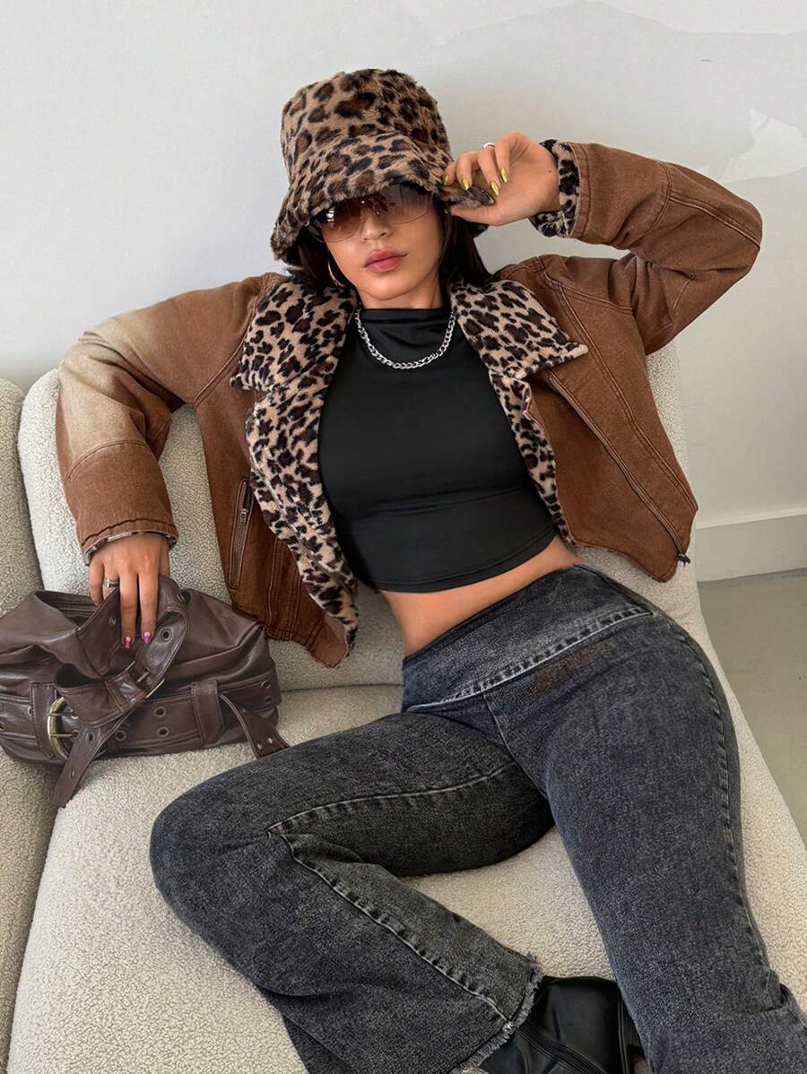 Veste en jean courte style décontracté de rue pour femme, avec col en léopard, fermeture éclair devant. Avec doublure thermique épaisse en denim - Tabac - Voir 1