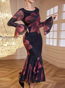 Modelyn Vestido largo de malla con estilo flamenco, vestidos de noche largos