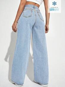 SHEIN ICON 女式休閒寬鬆直筒牛仔褲，附有口袋 - 藍色 - 查看 2