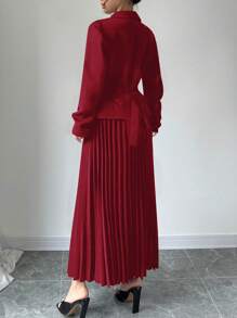 Elenzga 2 件套黑色长袖翻领双排扣西装套装带褶裙女士新年衣服