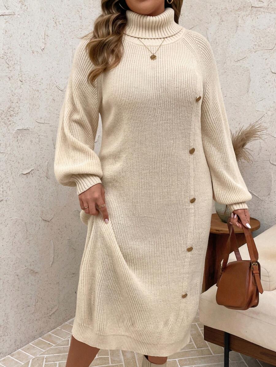EMERY ROSE Plus Size Women Apricot White Casual Button Raglan Sleeve Loose Long Knitted Maxi Sweater Dress, For Winter