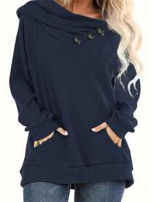 Plus Size Women Solid Color Casual Sweatshirt, Autumn Spring - Navy Blue - View 1