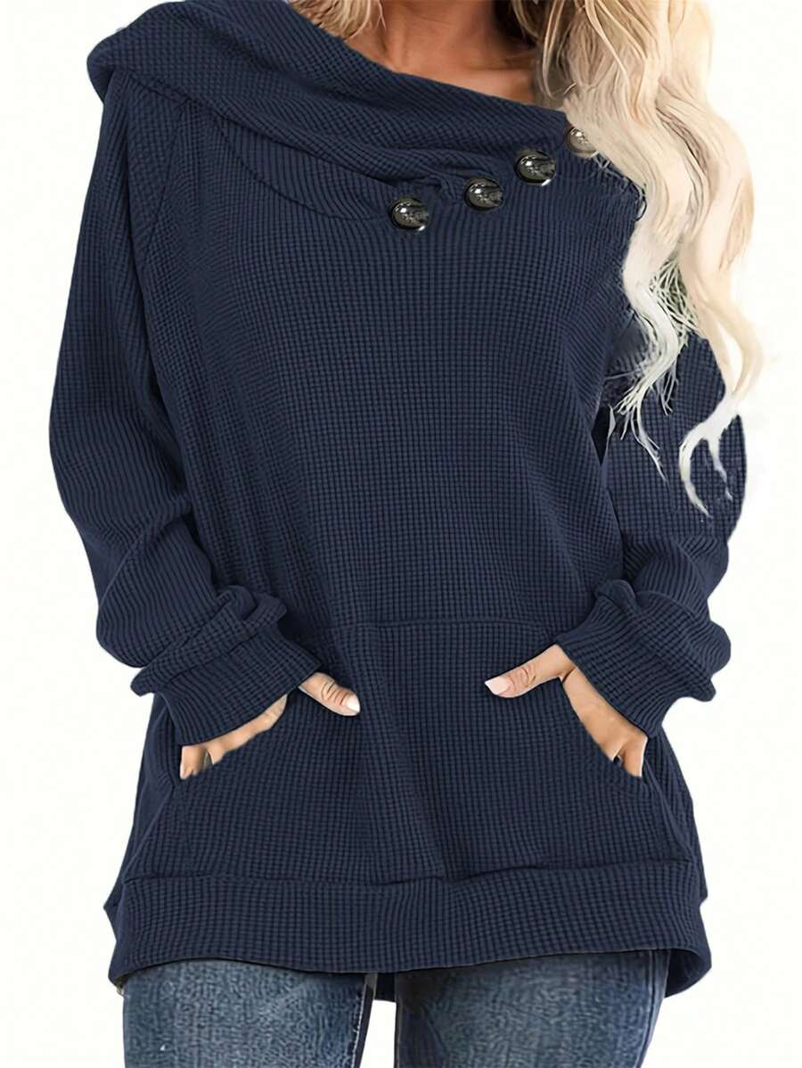Plus Size Women Solid Color Casual Sweatshirt, Autumn Spring - Navy Blue - View 1