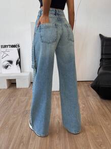 RueChic Low Waist Wide Leg Vintage Wash With Cat's Whiskers Adjustable Side Belt Jeans - Medium Wash - View 2