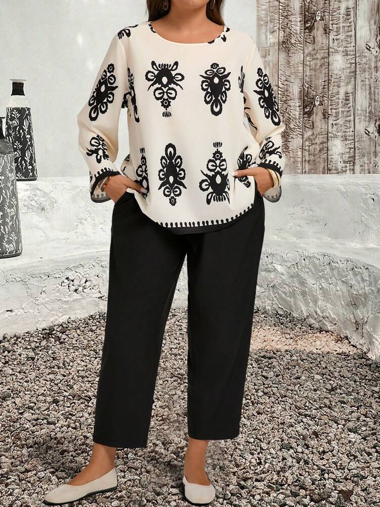 Plus Size Casual Printed Loose Fit Long Sleeve Top And Pants Two Pieces Fall Outfits, Elegant For Autumn,Spring/Summer/Vacation