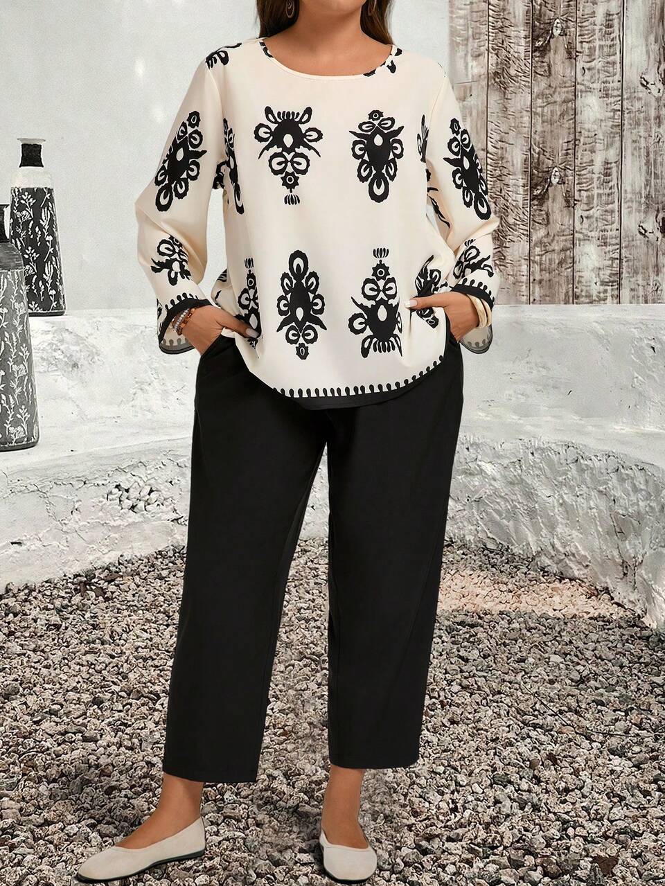 Plus Size Casual Printed Loose Fit Long Sleeve Top And Pants Two Pieces Fall Outfits, Elegant For Autumn,Spring/Summer/Vacation