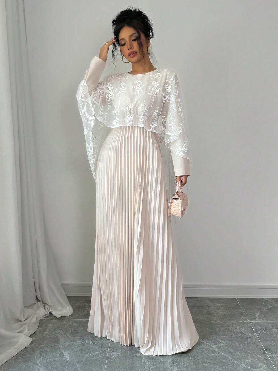 Rafferiza 1 chiếc váy lưới xếp ly thanh lịch dành cho nữ, trang phục Maxi thu đông dành cho nữ - Màu be - Xem 1