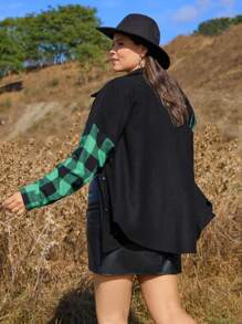 SHEIN Cottnline Plus Plaid Print Drop Shoulder Pocket Patched Jacket - Black - View 2