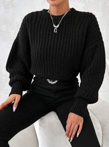 EURMUSE Solid Drop Shoulder Sweater - Black - View 5