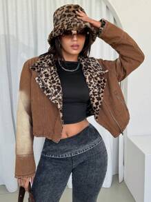 Veste en jean courte style décontracté de rue pour femme, avec col en léopard, fermeture éclair devant. Avec doublure thermique épaisse en denim - Tabac - Voir 7