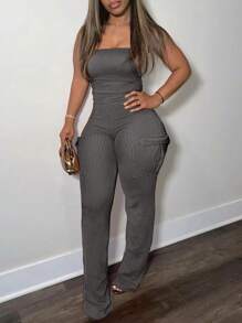 Women's Utility Pockets Camisole Casual Textured Jumpsuit - 深灰色 - 查看 6