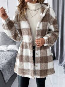 SHEIN Clasi Plaid Teddy Boucle Cinched Waist Women Regular Jacket In Fall/Winter - Multicolor - View 8