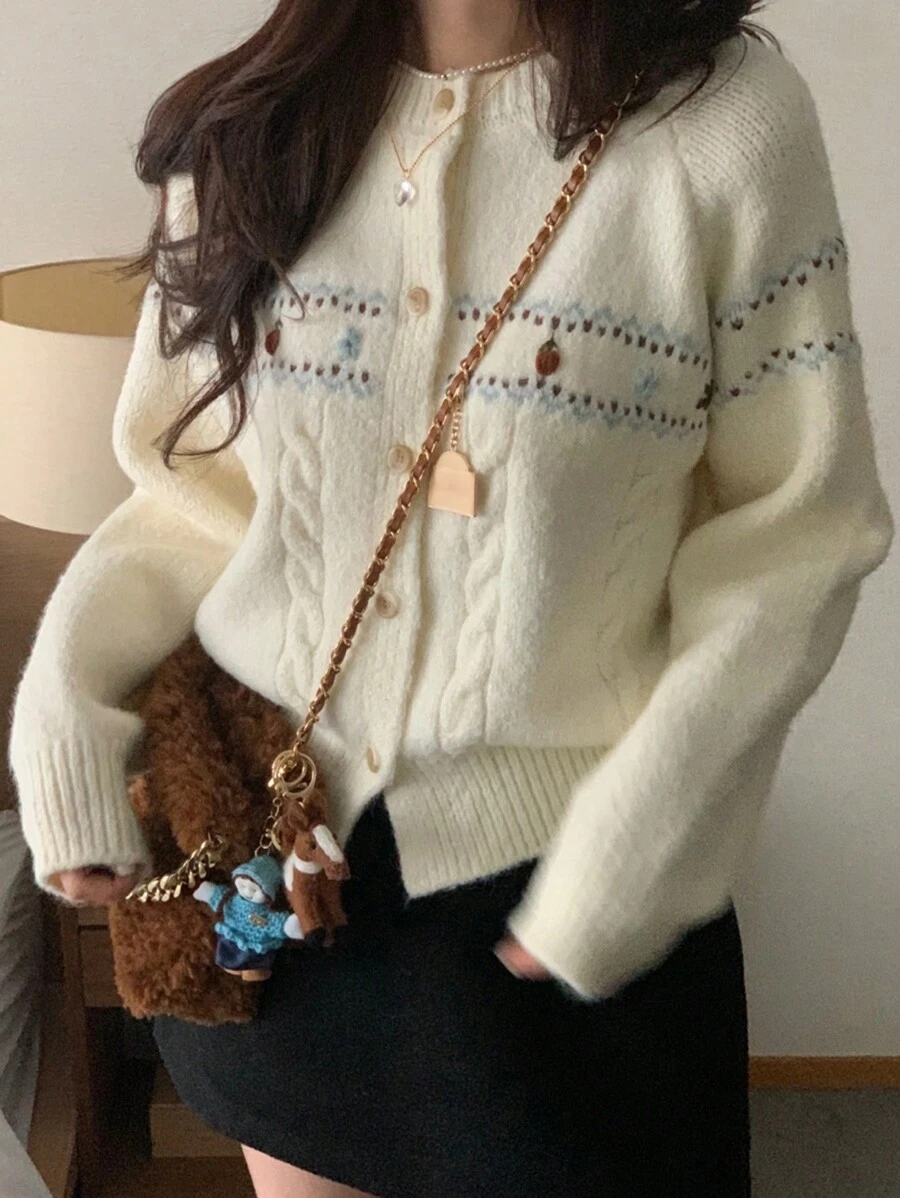 DAZY 女士休闲日常穿着前扣纹理针织插肩袖开衫，秋冬，长袖上衣，秋季女装 - 杏色 - 查看 1