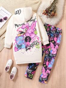 2pcs/Set Tween Girls Street Print Hoodie And Leggings Set - Multicolor - View 2