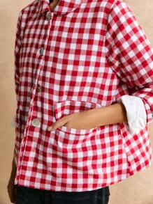 Poéselle 女士长袖仿口袋格子棉服外套，休闲日常穿着，冬季女装，红色和白色，轻松时尚必备 - 紅白色 - 查看 4