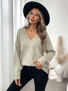 SHEIN LUNE Women's Casual V-Neck Loose Knit Sweater, Plain Color, Suitable For Autumn/Winter - Khaki - View 1
