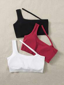 3 Pack/Set Seamless Asymmetric Collar Hollow Out Sports Bra, Solid Color