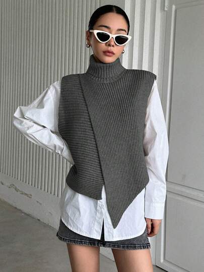 DAZY 女士不对称下摆纯色高领无袖针织背心，秋季服装