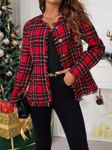 SHEIN Clasi Women's Red Plaid Tweed Jacket For Christmas Christmas Women Clothes