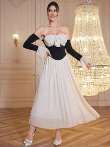 Modelyn 1 pièce Robe de soirée longue à épaules dénudées, nœud papillon, bloc de couleur contrastée - Nude - Voir 3