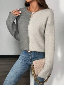 SHEIN Unity Women Color Block Round Neck Rib Knit Thick Warm Pullover Sweater Knit Pullover Fall Winter - Grey - View 4