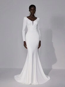 Elitara White Spring Elegant Formal Party Wedding Dress,Luxurious Lace Patchwork Elastic Knit Backless Fishtail Bridal Gown With Trailing Hem For Bride - Beige - View 3