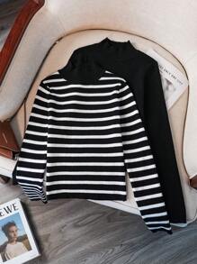 SHEIN Essnce 2 chiếc áo đan sọc in + cổ áo đứng dài tay Slim Fit Lớp nền trên cùng - Đen và trắng - Xem 1