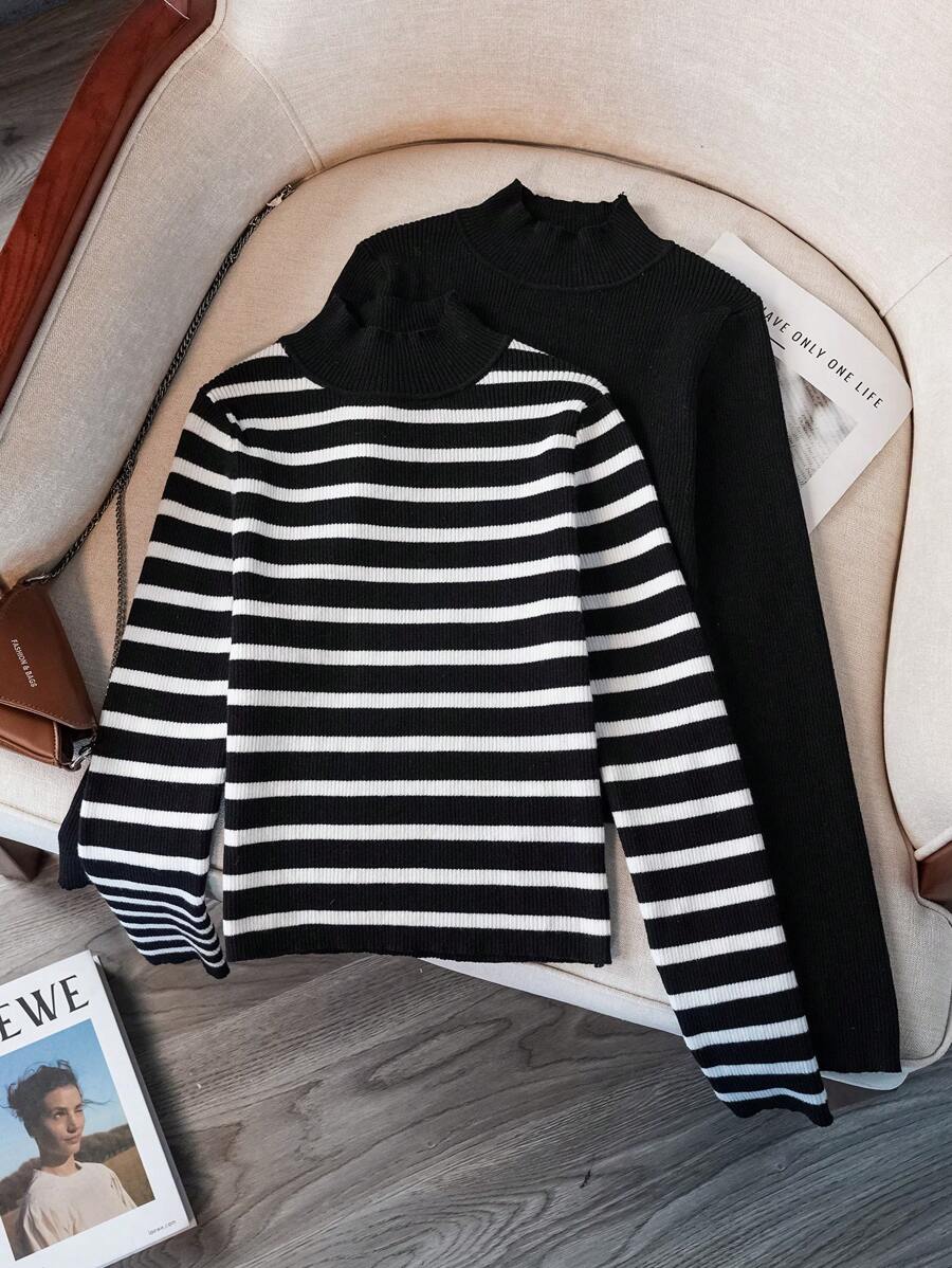 SHEIN Essnce 2 chiếc áo đan sọc in + cổ áo đứng dài tay Slim Fit Lớp nền trên cùng - Đen và trắng - Xem 1