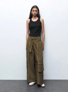 Maija Women's Loose Fit Wide Leg Casual Pants With Pockets - Brown - View 3