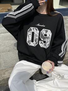 DAZY Sudadera holgada de cuello redondo con estampado numérico para mujer, ropa de mujer de otoño