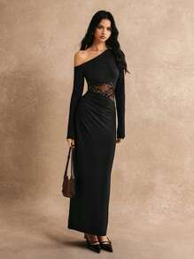 Poéselle Vestido largo elegante para mujer con hombro oblicuo de manga larga, parche de encaje de unicolor, vestido para fiesta, vestido de verano para mujer, vestido para té - Negro - Ver 4