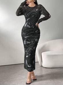 Modelyn Đầm lưới dài cổ tròn in họa tiết cho nữ, mặc thường ngày - Xám - Xem 6