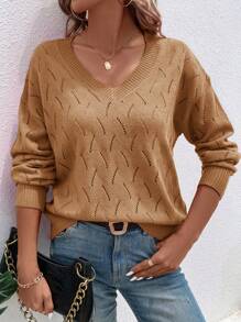 SHEIN LUNE Women Solid V-Neck Batwing Long Sleeve Hollow Casual Sweater For Autumn - Khaki - View 4
