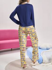 Women Motto Print Crew Neck Top & Letter Graphic Pants Pajama Set - Multicolor - View 2