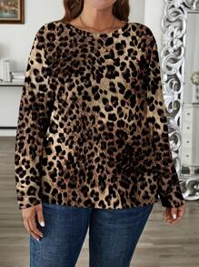 EMERY ROSE 休闲豹纹图案宽松圆领长袖 T 恤，加大码女式，秋冬 - 棕色 - 查看 4