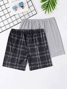 2 件装男士纯色和格子抽绳腰短裤套装、家居服下装 - 彩色 - 查看 1