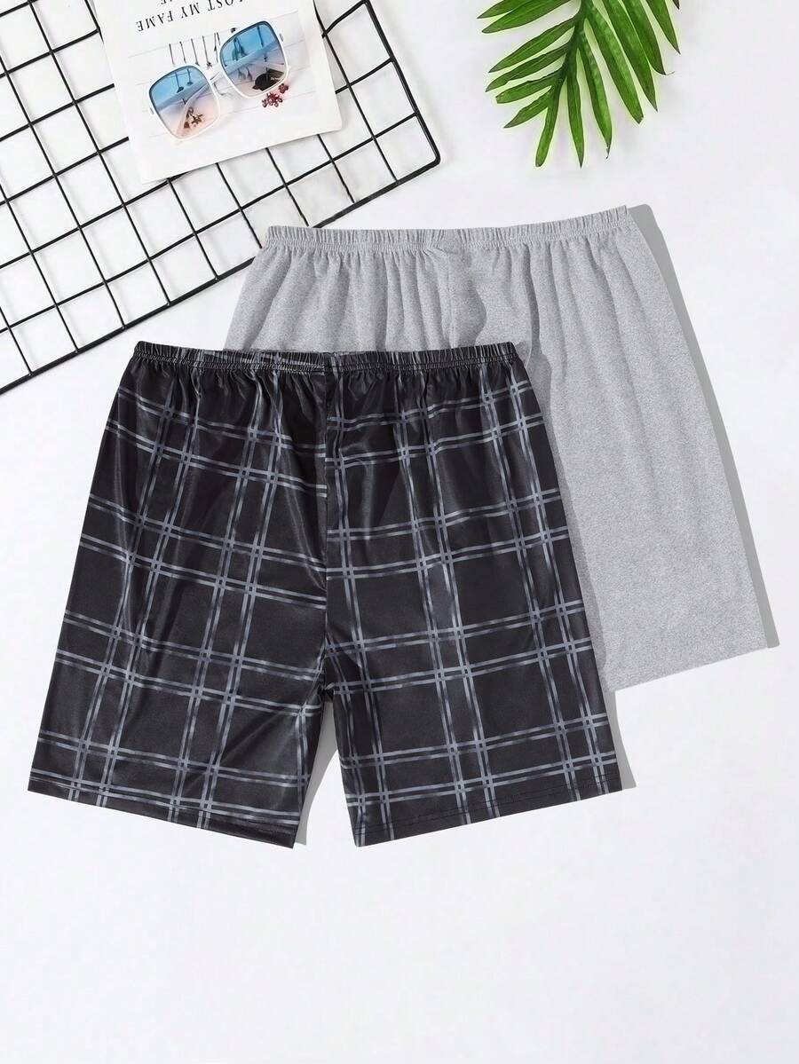 2 件装男士纯色和格子抽绳腰短裤套装、家居服下装 - 彩色 - 查看 1