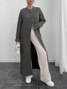 RueChic Elegant Texture Cable Knit Drop Shoulder Crew Neck Cardigan With Pcoket And Button - Apricot - View 2