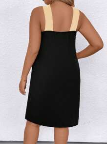 Calvaya 大码夏季休闲拼色吊带不对称下摆连衣裙，适合聚会 - 杏色 - 查看 2